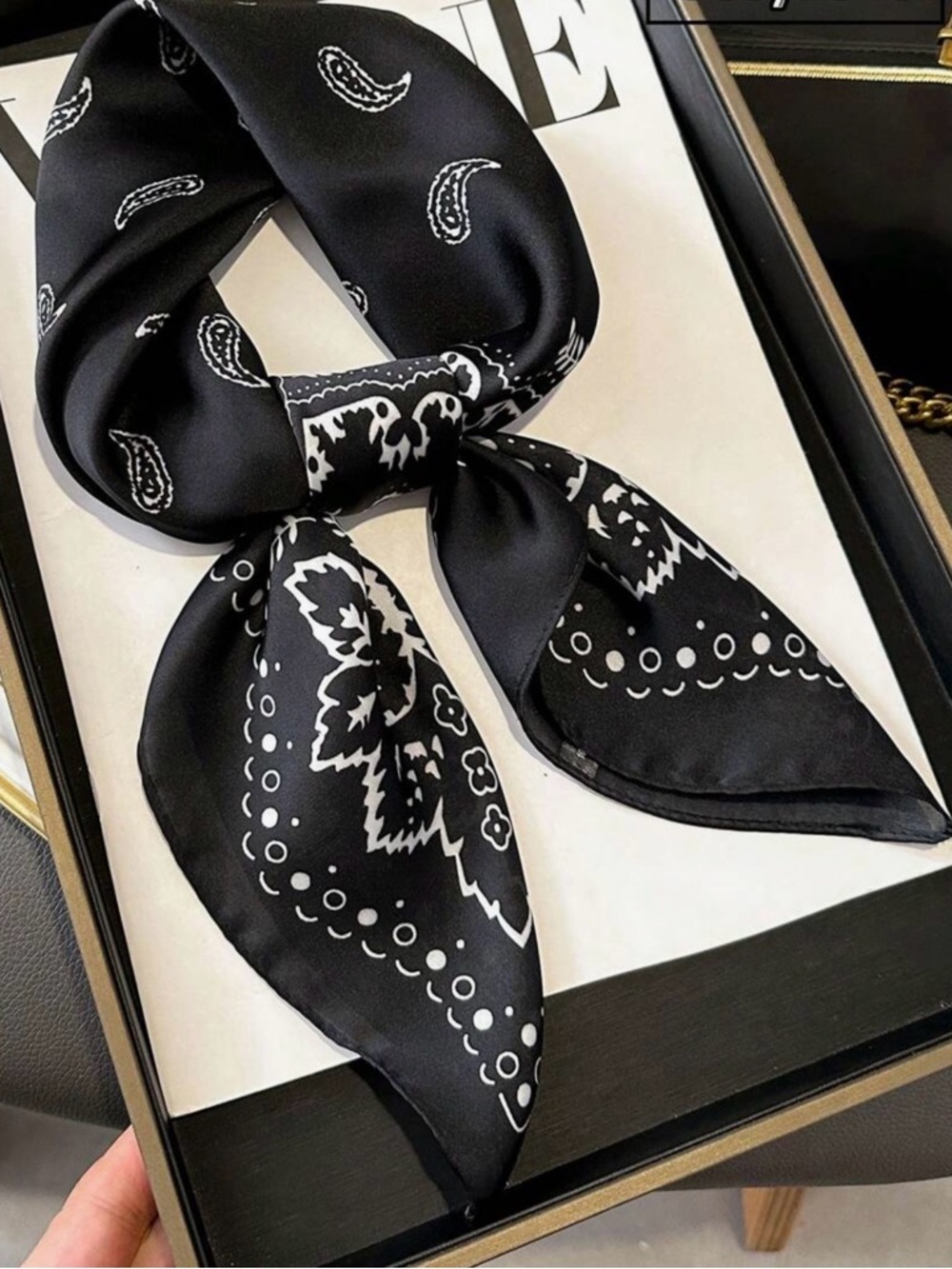 Black Bandana Print Faux Silk Scarf